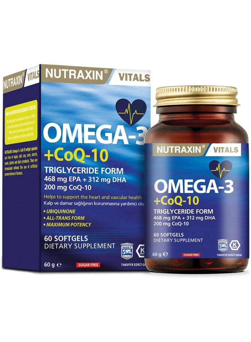 Nutraxin Omega-3 + CoQ-10 Maximum Potency Antioxidant and Fish Oil for Cardiac Support, Energy Metabolism 60 Tablets - Image 1